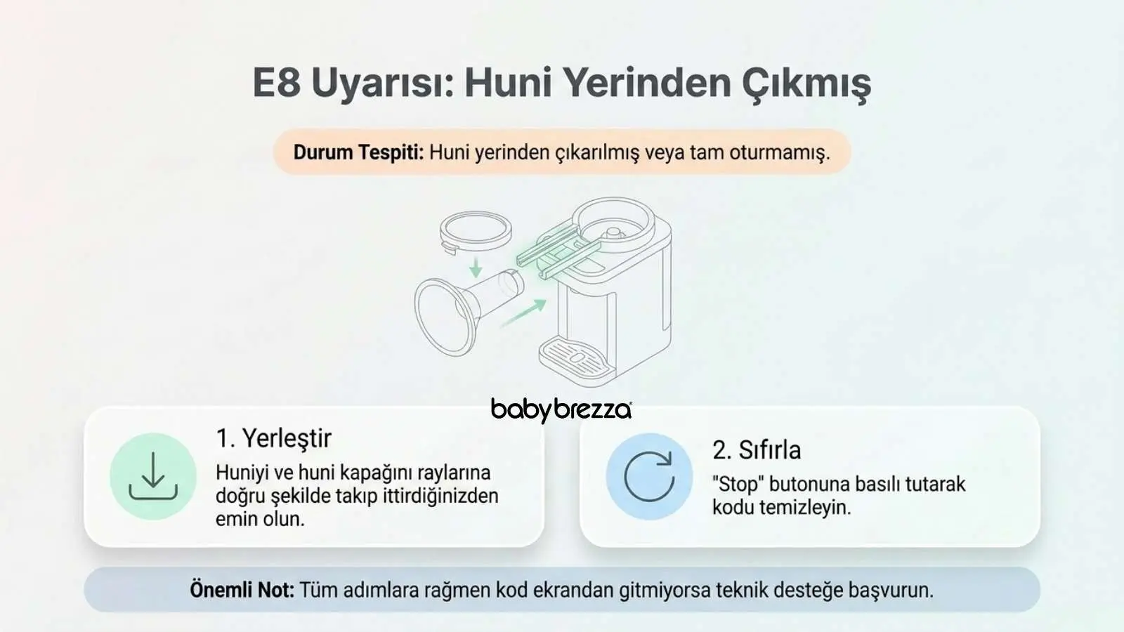 E8 uyarısı huni yerinden çıkmış durum tespiti ve çözüm adımları - Baby Brezza
